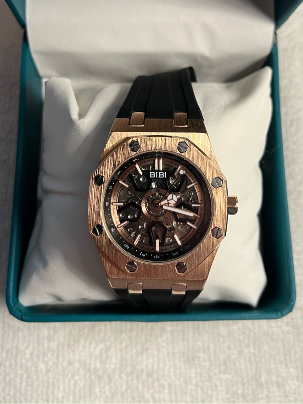 BiBi Rose Gold-Tone Skeleton Dial Watch with Black Strap 41.5mm